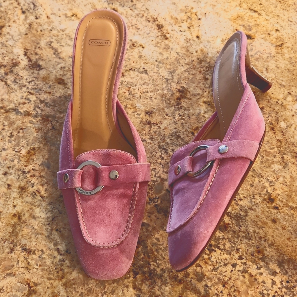 Coach Pink Suede Mule Sandals. Buckle